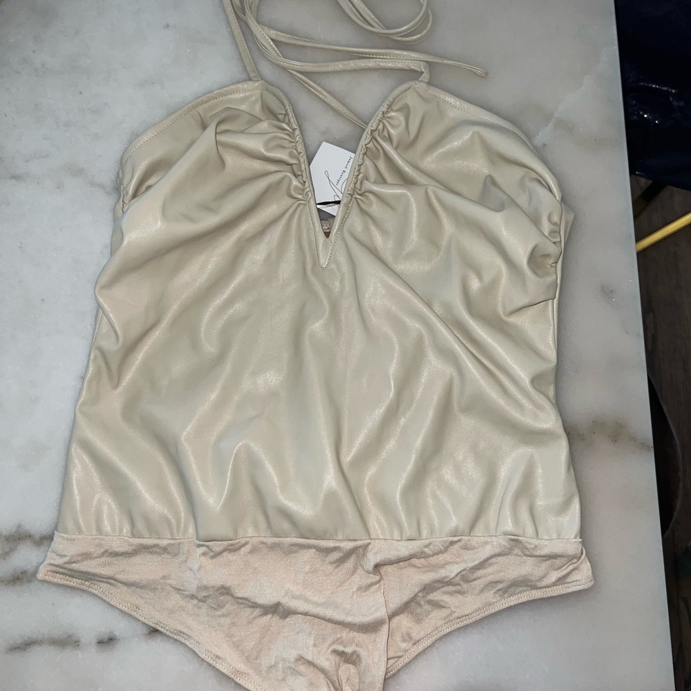 LELIS Cream Pleather Bodysuit